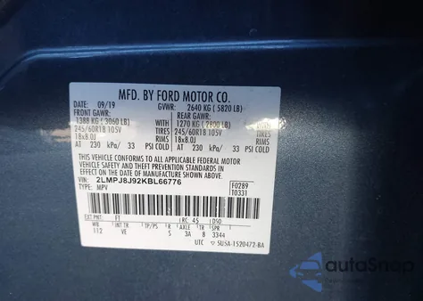 2019 Lincoln Nautilus Standard z USA, uszkodzony, nr VIN 2LMPJ8J92KBL66776